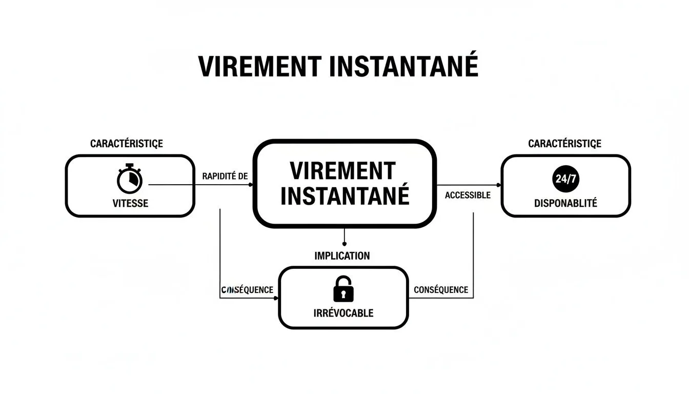 Conceptual diagram detailing the characteristics (speed, availability) and implication (irrevocable) of an instant transfer.