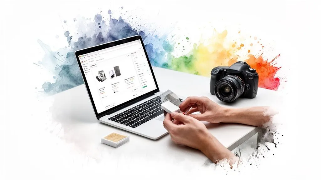 Hands preparing a product for online sale on a laptop displaying a Shopify store, with a camera and watercolor splashes.
