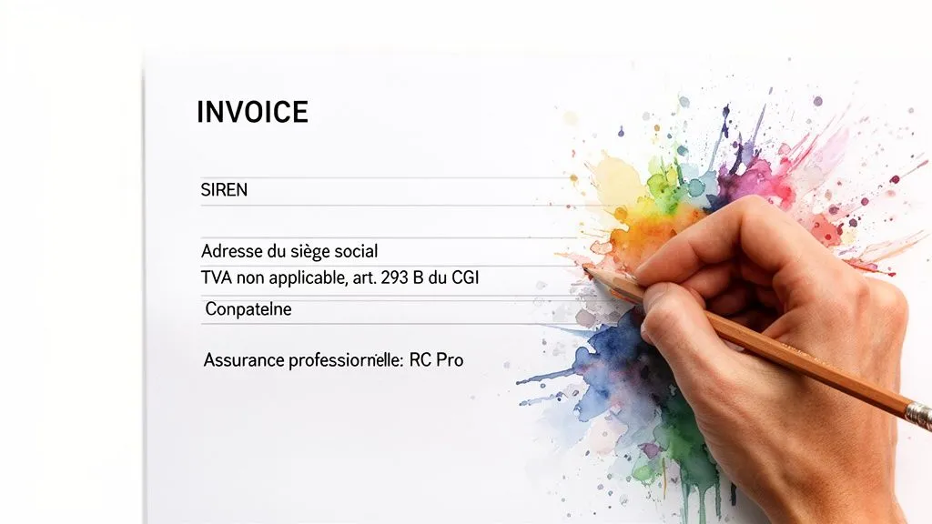 Partial invoice with an "INVOICE" header displaying legal information in French.