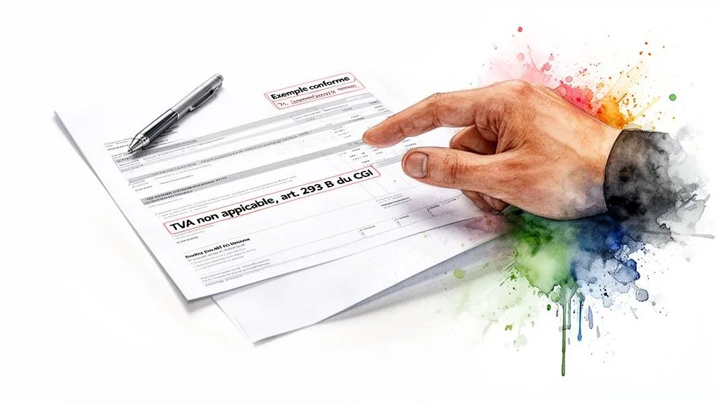 Hand pointing to a tax document with the "VAT not applicable" mention, along with a pen and watercolor elements.