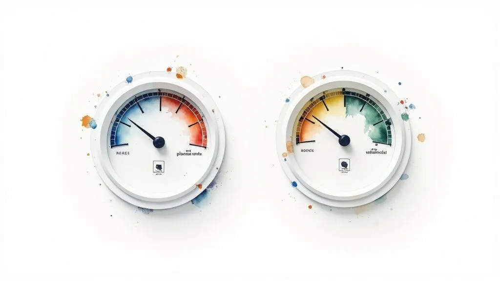 Two round, colorful gauges in a watercolor style, showing varying levels with paint splashes.