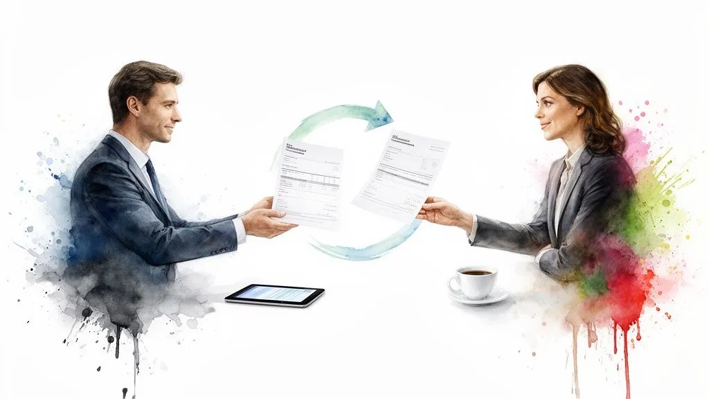 Two professionals in watercolor style exchanging documents, symbolizing collaboration and information transfer.