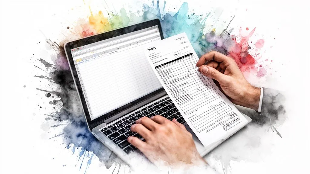 Hands typing on a laptop with a spreadsheet, holding an invoice, on a colorful watercolor background.
