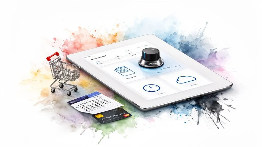 Tablet displaying a dashboard, a shopping cart, a credit card, and an invoice for e-commerce.