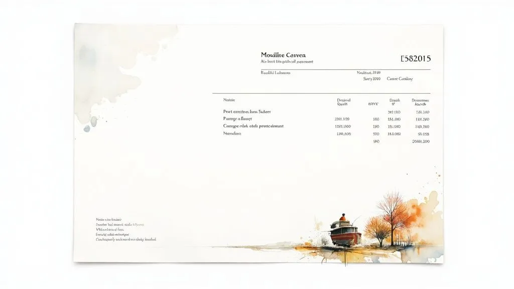 Artistic professional invoice with a watercolor illustration of a boat and autumn trees for creative freelancers