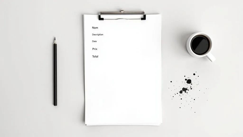 Top-down view: form on a clipboard, pencil, coffee cup, and ink stains on a light desk.