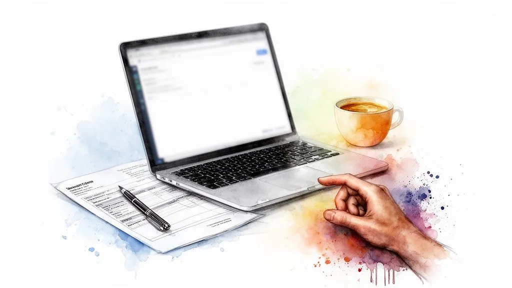 Watercolor illustration of a laptop, a cup of coffee, documents, and a hand.