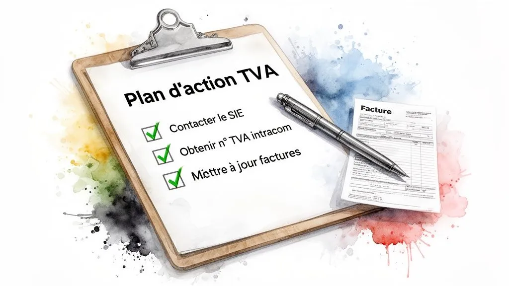 VAT action plan on a clipboard, with a checked task list, an invoice, and a pen. VAT management.