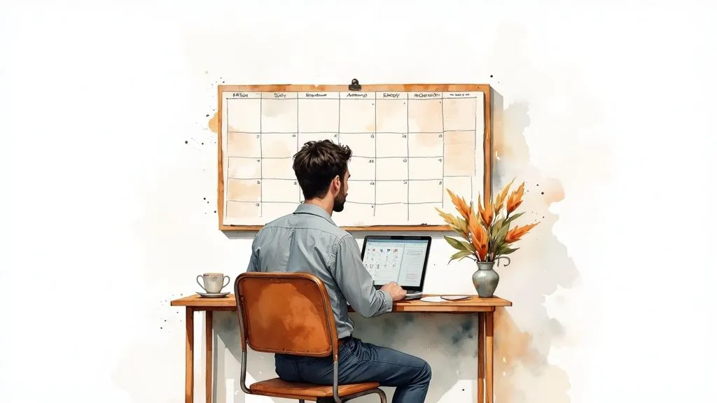 Man working on a laptop in front of a wall calendar to plan activities