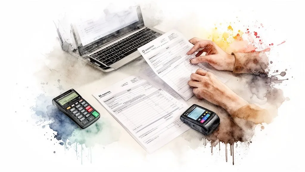 Hands examining financial documents near a laptop, a calculator and a payment terminal, with a watercolor effect.