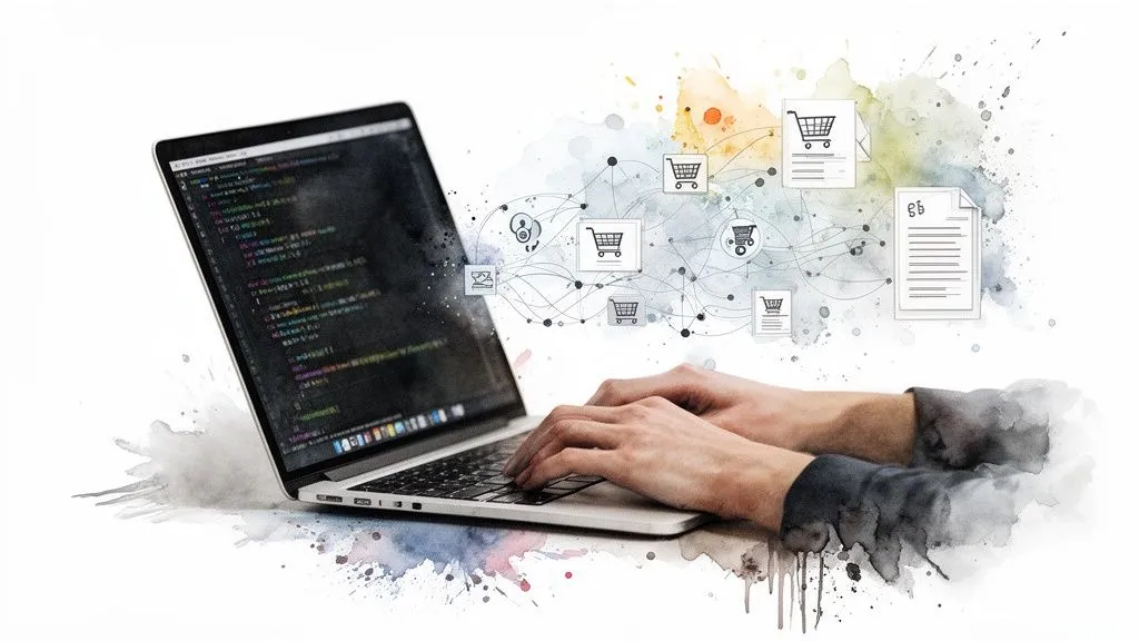 A person coding on a laptop, with shopping cart icons and documents floating around, illustrating dematerialization.