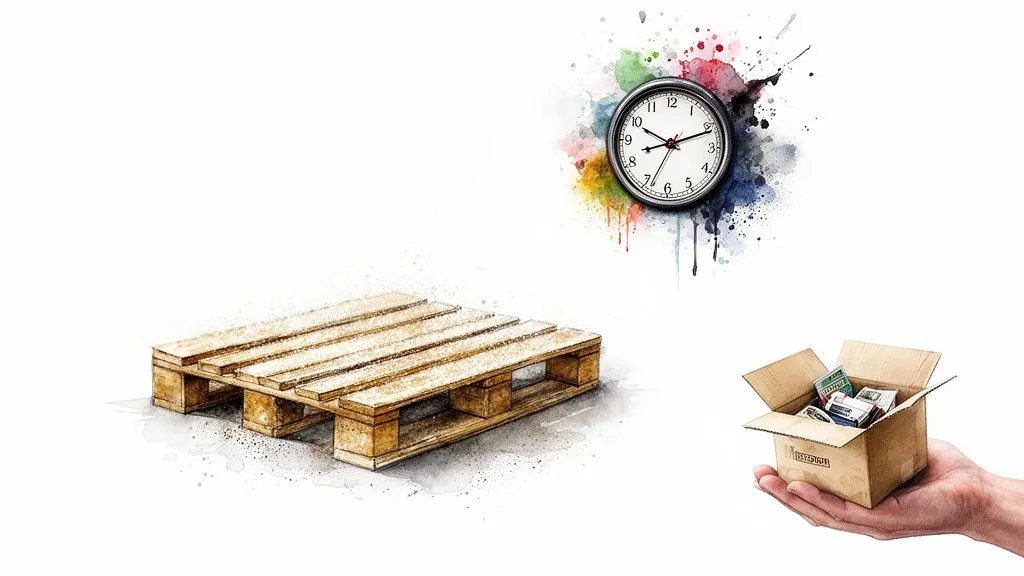 Wooden pallet, colorful clock and hand holding a package box, symbolizing logistics and delivery time.