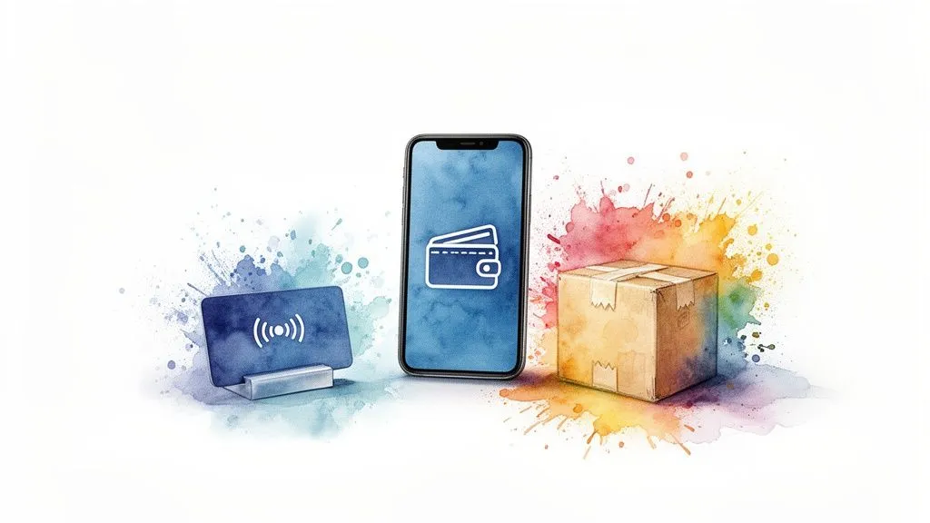 Contactless card, smartphone with digital wallet and parcel, illustrating online payments and delivery.