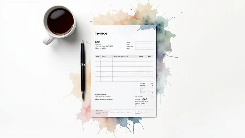 Person carefully checking an invoice at a tidy desk.