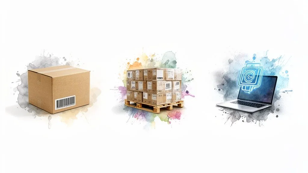 Cardboard shipping box, stack of pallets and laptop with a digital inventory management icon.