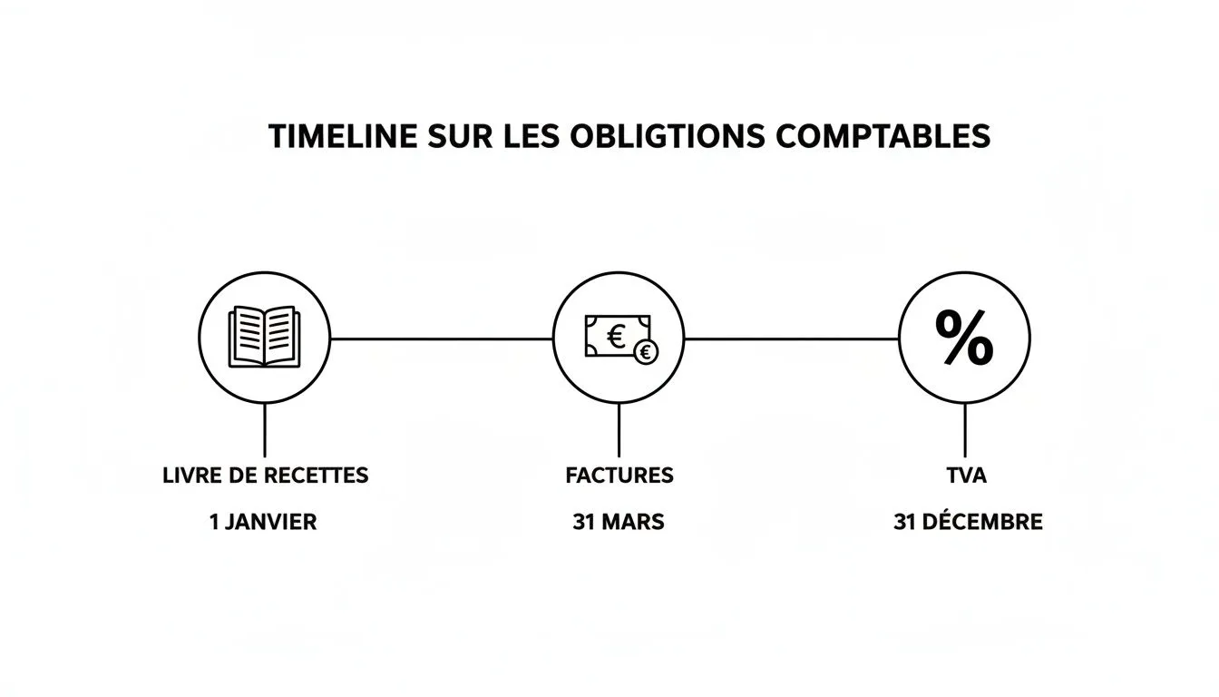 Visual timeline of accounting obligations for sole traders, detailing the income ledger, invoices, and VAT with key dates.