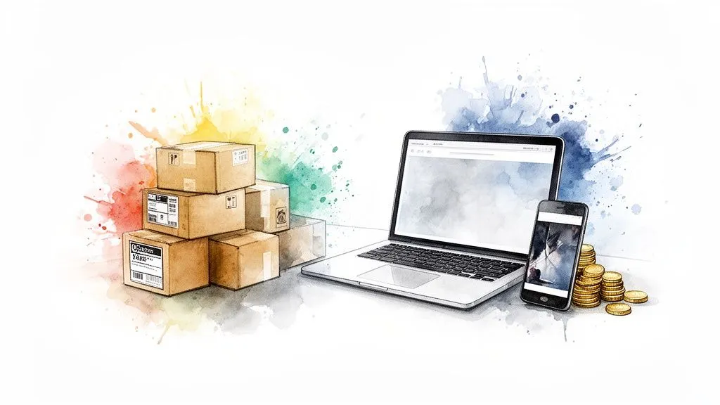 Illustration of packages, a laptop, a smartphone and gold coins with touches of color, symbolizing e-commerce.