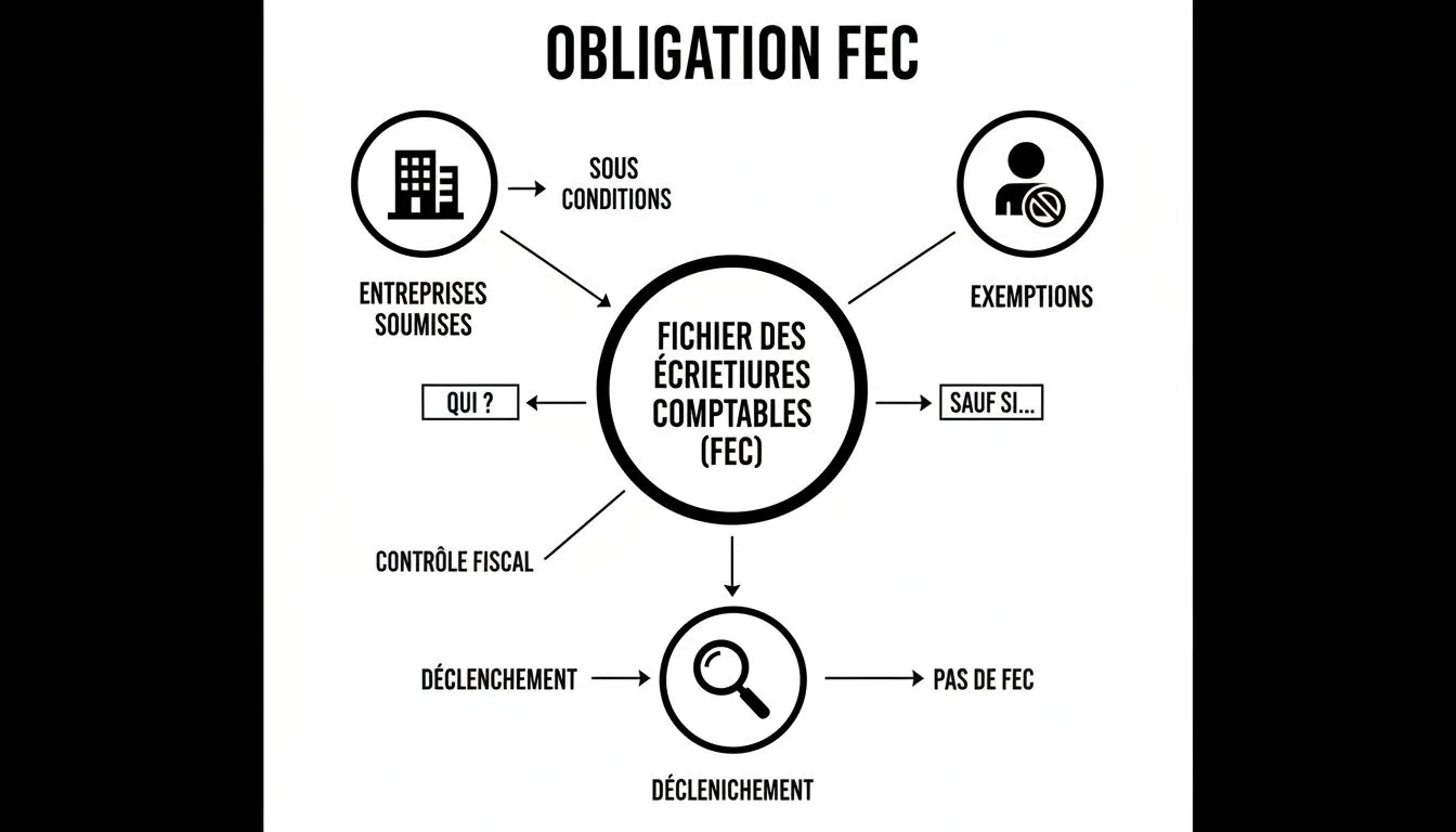 Diagram explaining the Fichier des Écritures Comptables (FEC) requirement, including businesses subject to it, conditions and exemptions.
