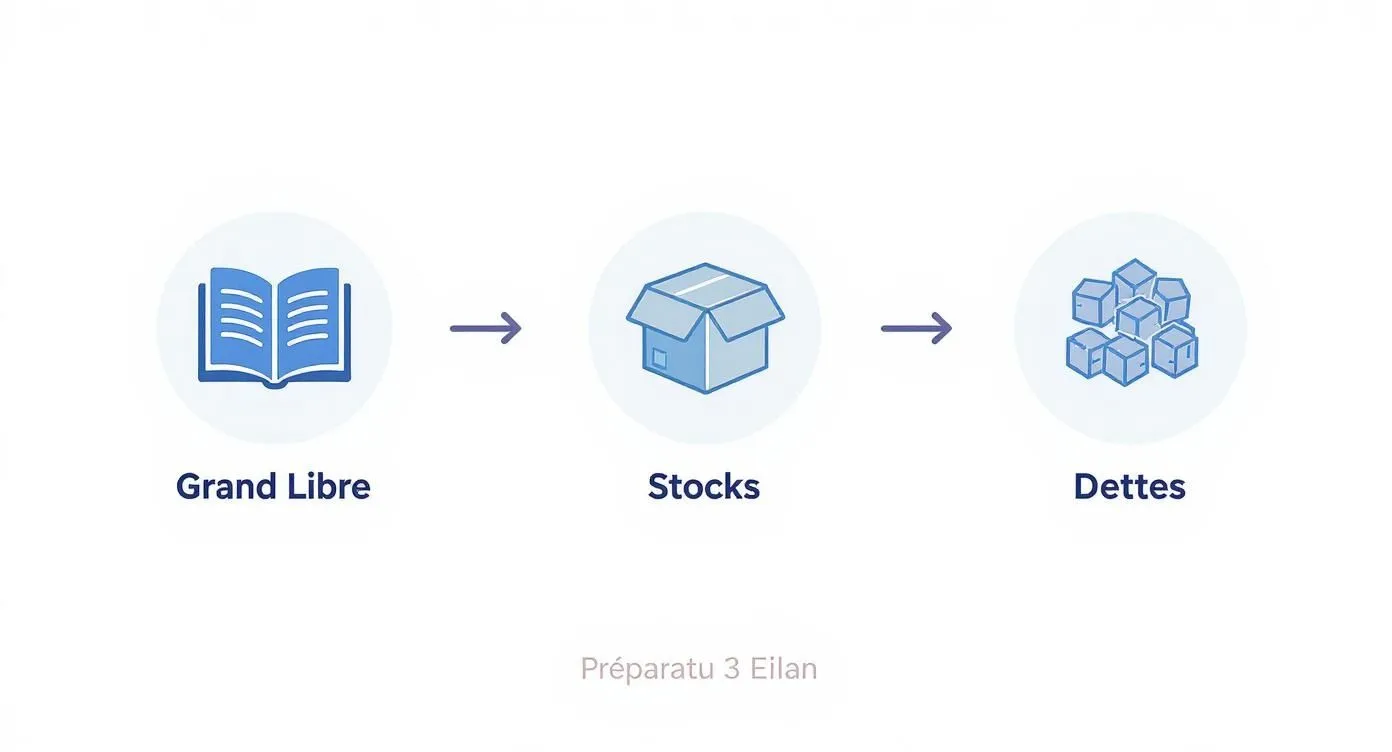 Diagram illustrating the accounting process: from the General Ledger to Inventory and finally to Debts.