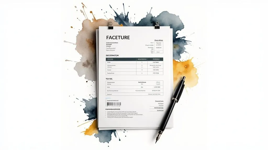 Document titled 'INVOICE' with earth-toned watercolor stains and a black pen, on a white background.
