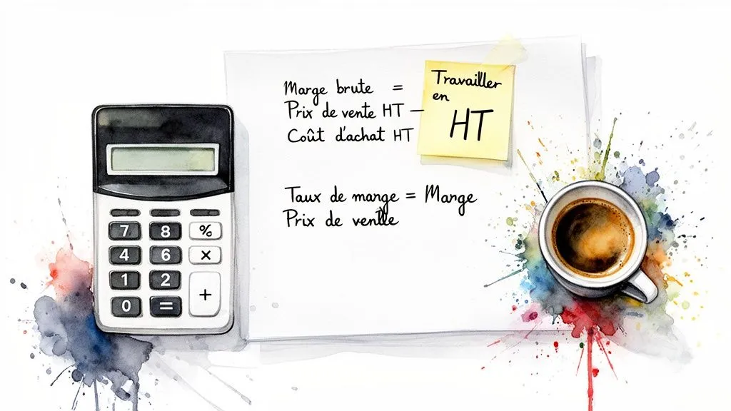 Calculator, gross margin and margin rate formulas, note "Work excluding VAT", and cup of coffee on a colorful watercolor background.