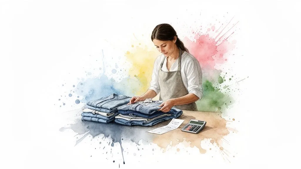 A woman in an apron carefully folds clothes on a table, with a calculator and documents, colorful watercolor background.