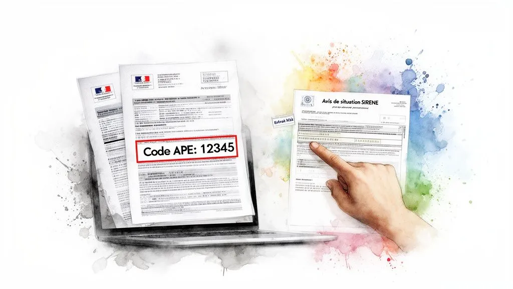 French administrative documents showing an APE code and a SIRENE status notice on a laptop, with a hand pointing.