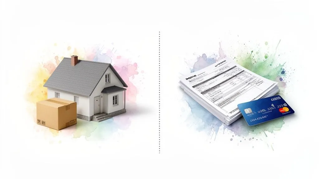 House and shipping box on the left, invoices and credit card on the right, illustrating shipping and billing addresses.
