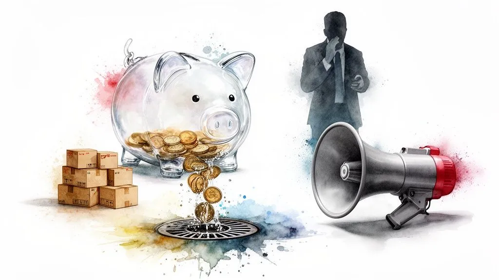 A transparent piggy bank emptying into a drain, boxes and a businessman with a megaphone.