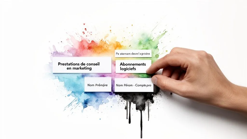 A hand places a text card on an abstract background of colorful paint splashes, surrounded by other information.