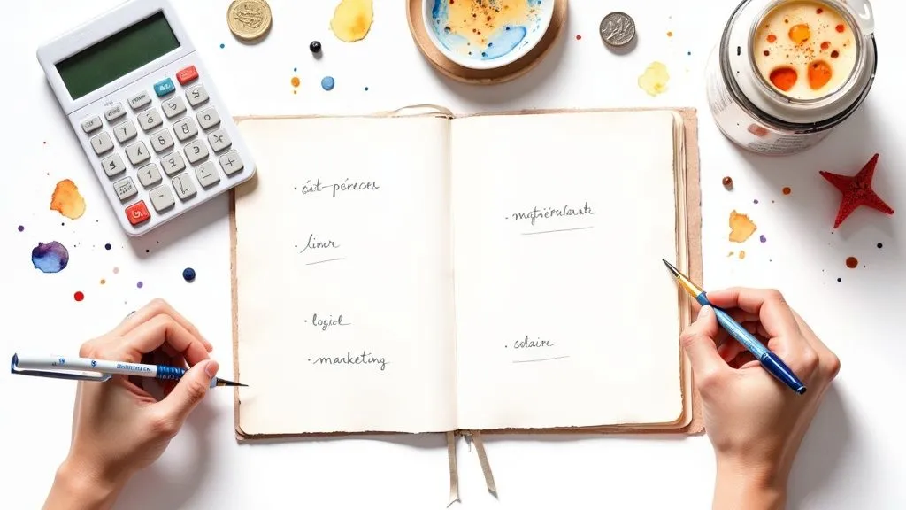 Top view of a person writing in an open notebook, with a calculator, coffee, and watercolor splashes.