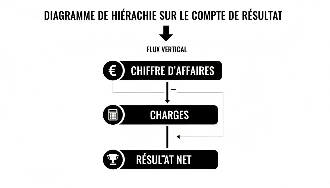 Hierarchical diagram of the income statement showing the calculation of net result from revenue and expenses.