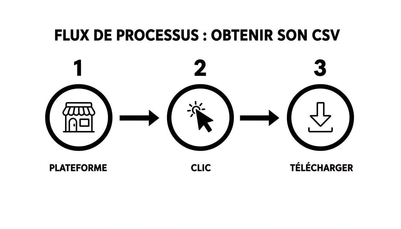 Visual process flow describing how to obtain your CSV file: from accessing the platform, to clicking, to downloading.