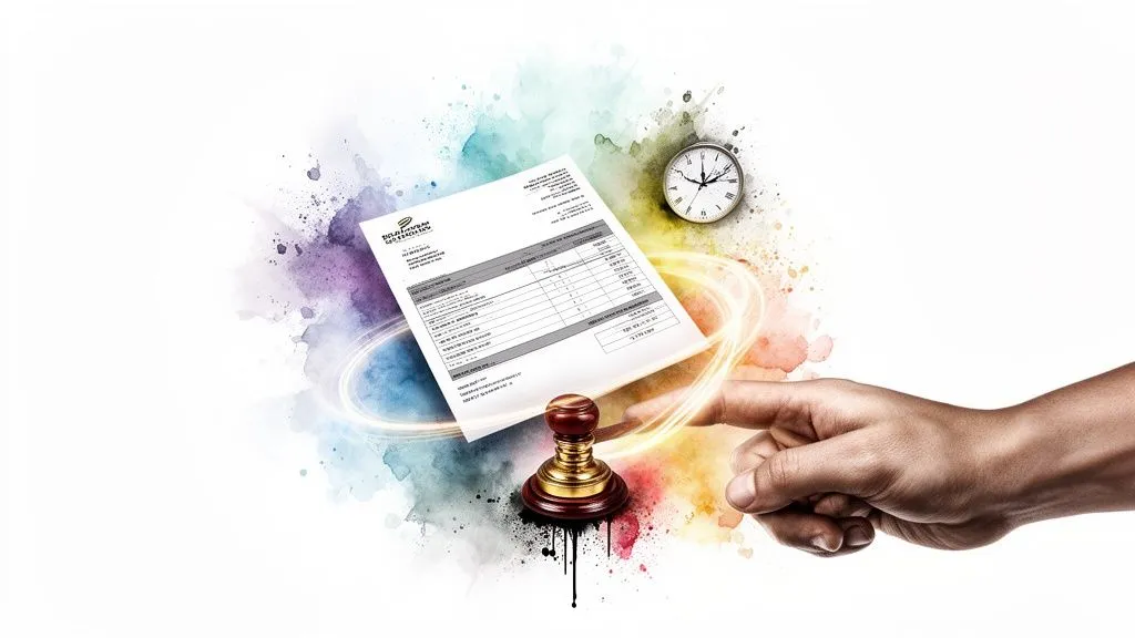 Official document with a seal, clock, and pointing hand, on a colorful splash background, symbolizing fast certification.