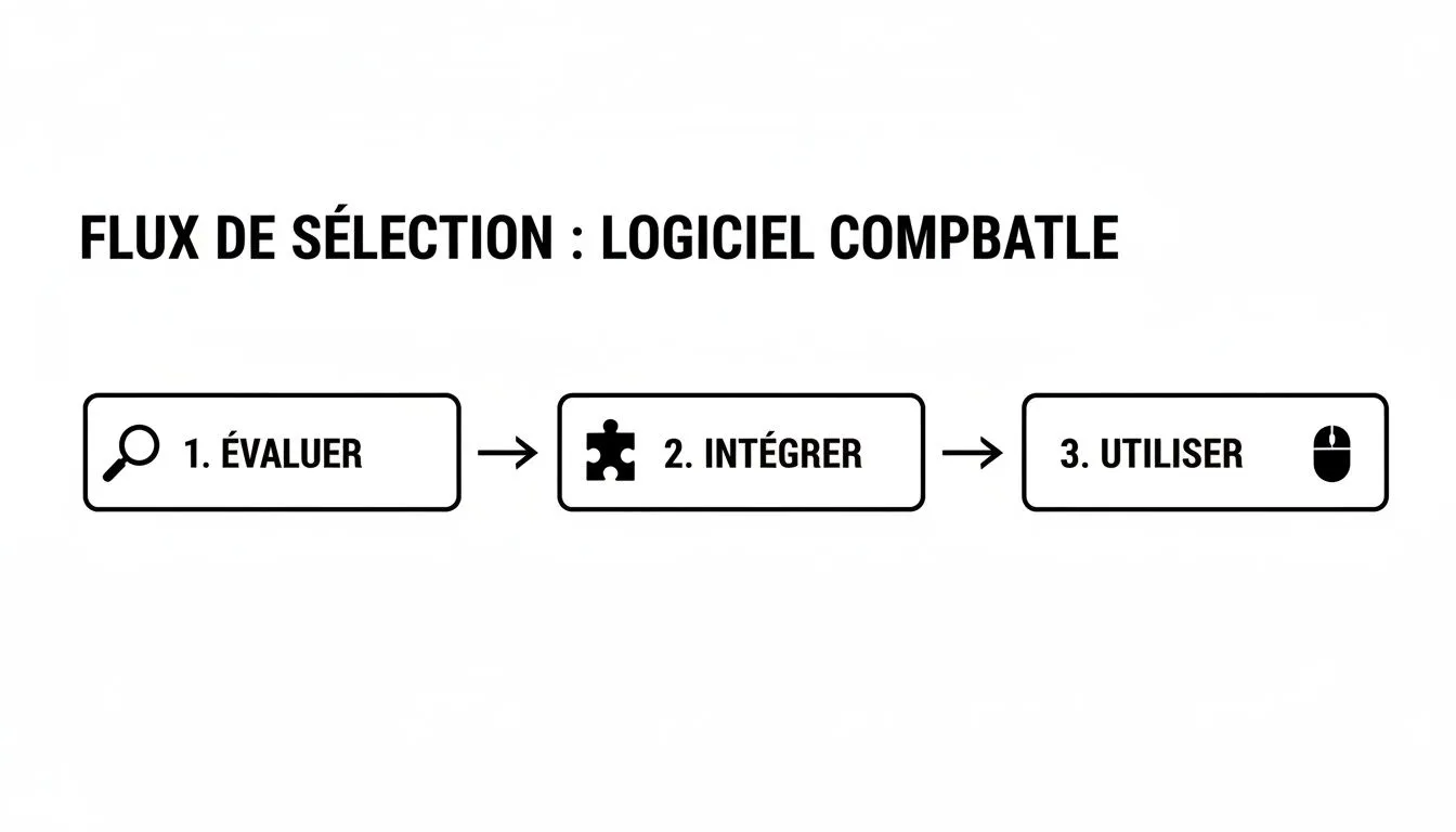 A flow diagram illustrating the steps for selecting compatible software: evaluate, integrate, and use.