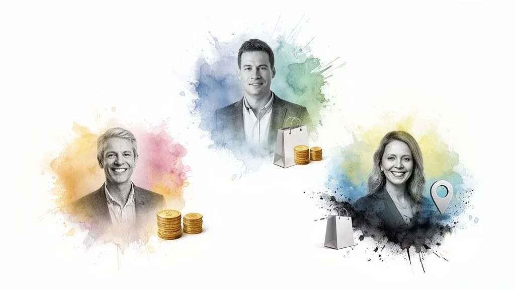Three portraits of smiling people (two men, one woman) on a colorful watercolor background with symbols of commerce, money and location.