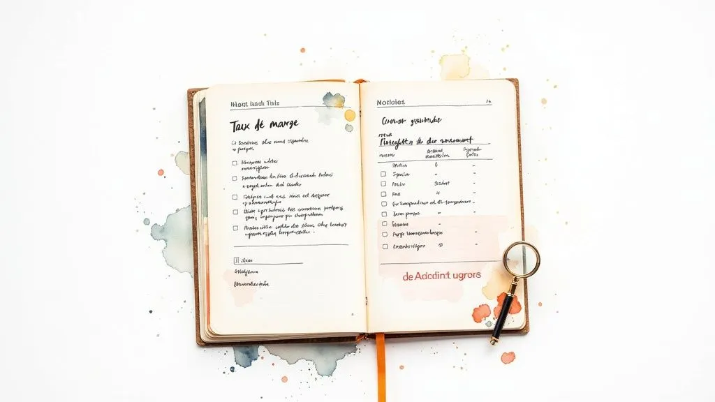 An open notebook with handwritten notes, checklists and watercolor stains on a white background, with a magnifying glass.