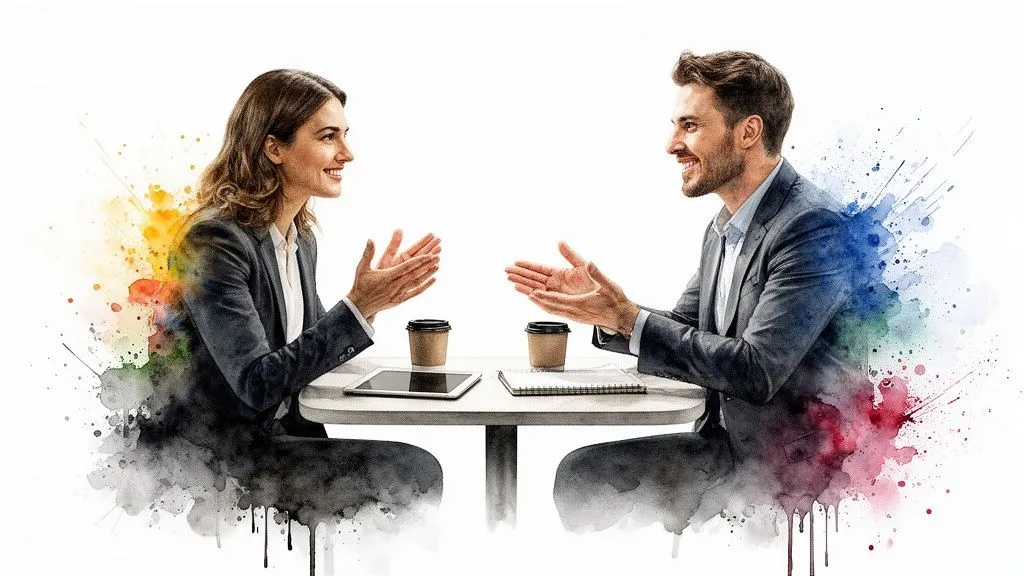 Two smiling professionals talking, sitting at a table with vivid watercolor splashes.