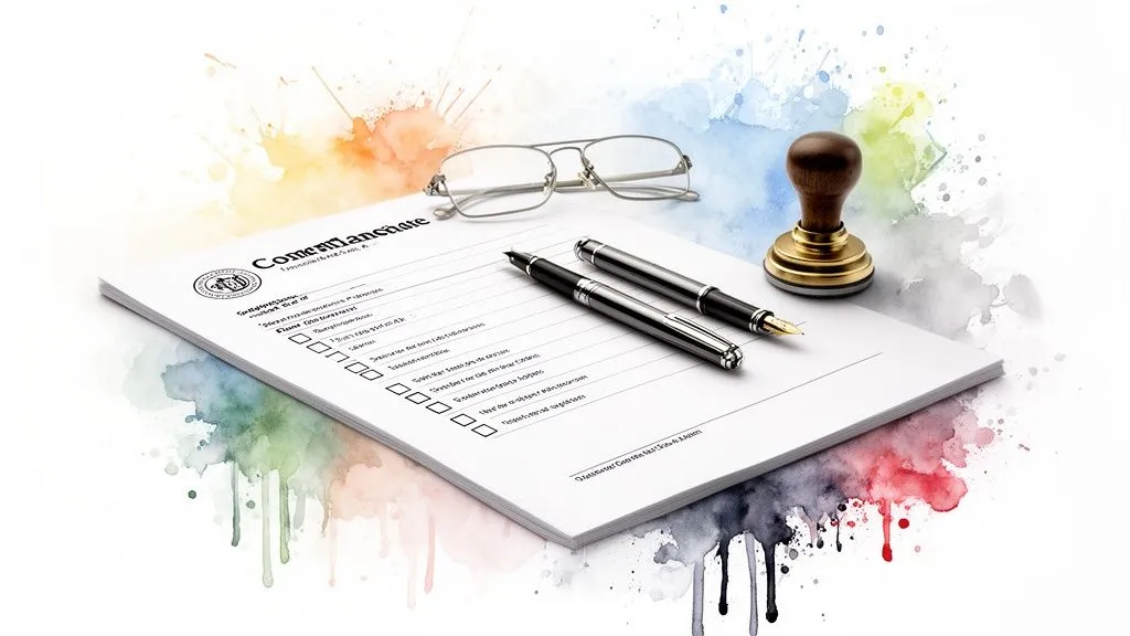 A form with a checklist, pens, glasses and a stamp on a colorful watercolor background.