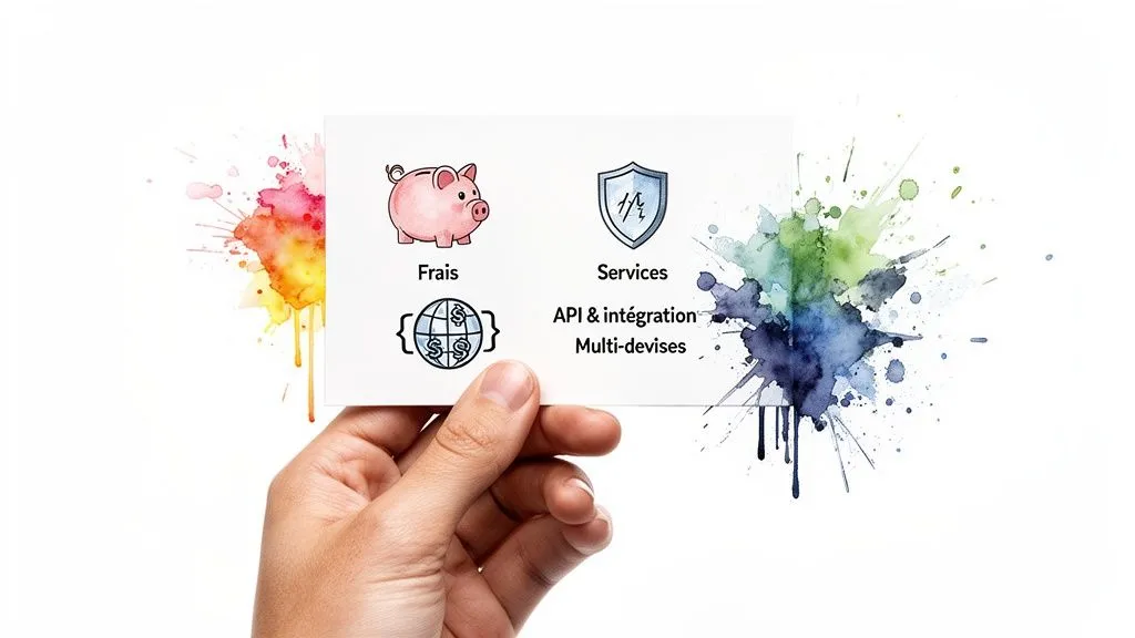 A hand holds a white card presenting icons and text: Fees, Services, API & integration, Multi-currency, on a background of colorful paint splashes.
