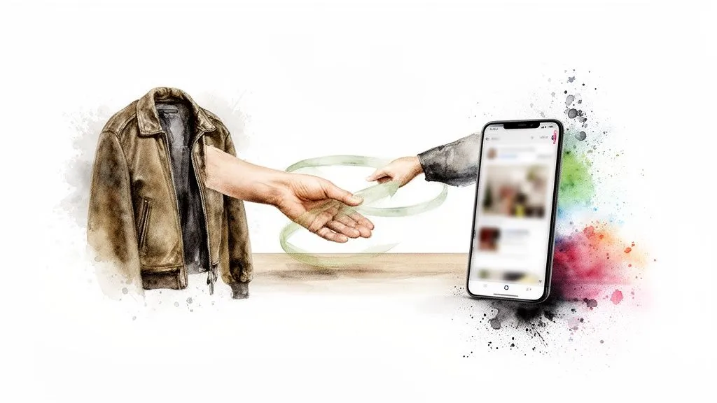 Illustration of a leather jacket, hands exchanging an item via a smartphone, symbolizing the digital sales cycle.