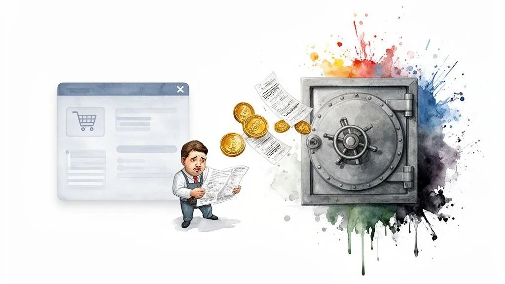 A worried man examines documents near a computer, a vault, Bitcoins, and receipts.