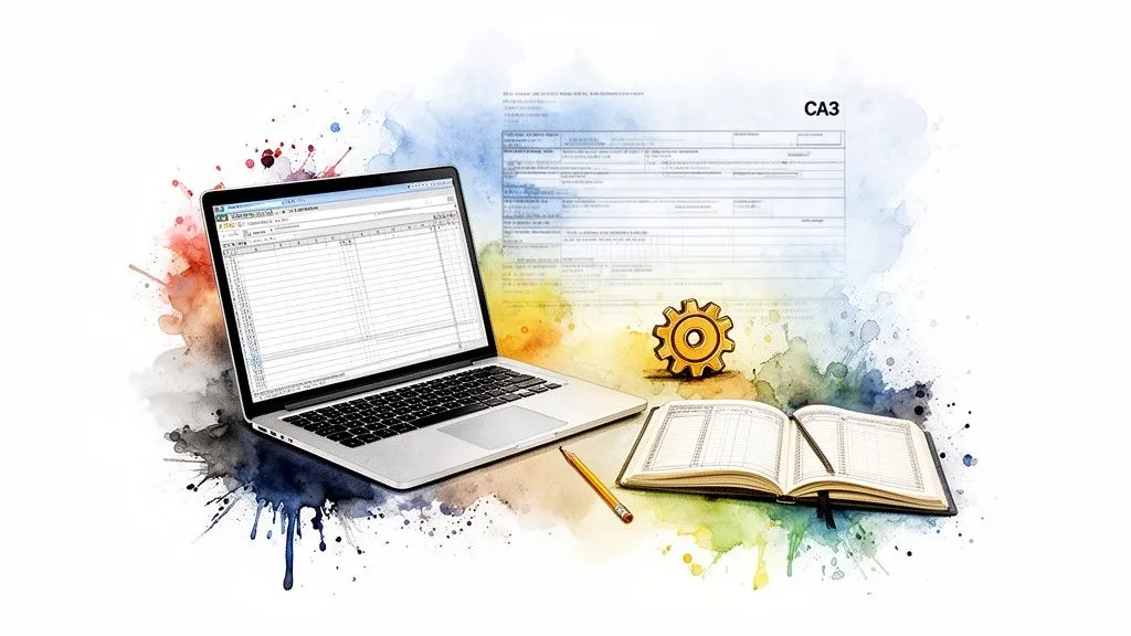 Laptop displaying a spreadsheet, CA3 form, gear icon and ledger book, watercolor background.