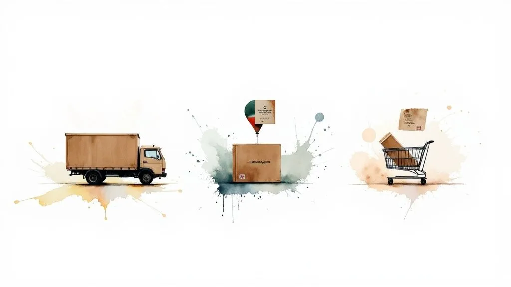 Illustration of parcel transport and delivery with a truck, box and shopping cart