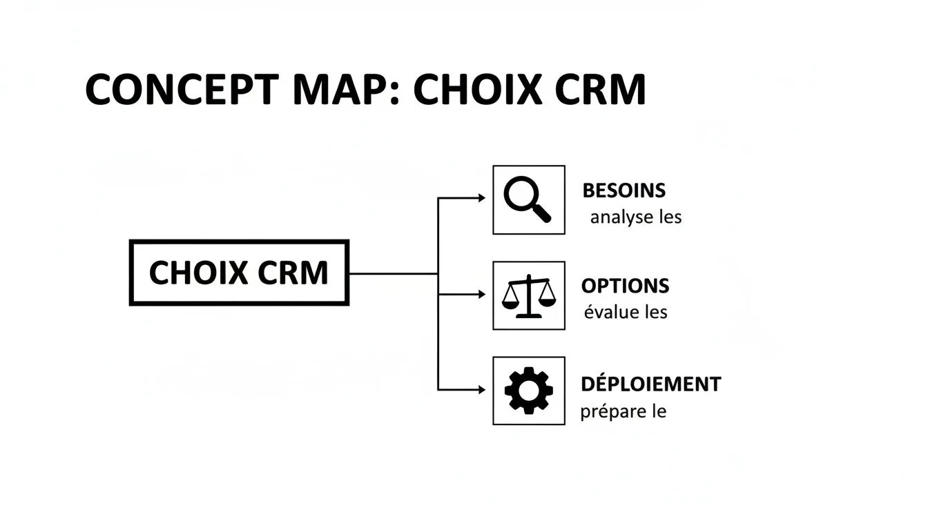 Concept map presenting the process of choosing a CRM, detailing needs analysis, evaluation of options and deployment preparation.