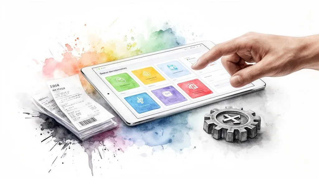 Hand touching a tablet displaying colorful management options, with receipts and a gear on a watercolor background.