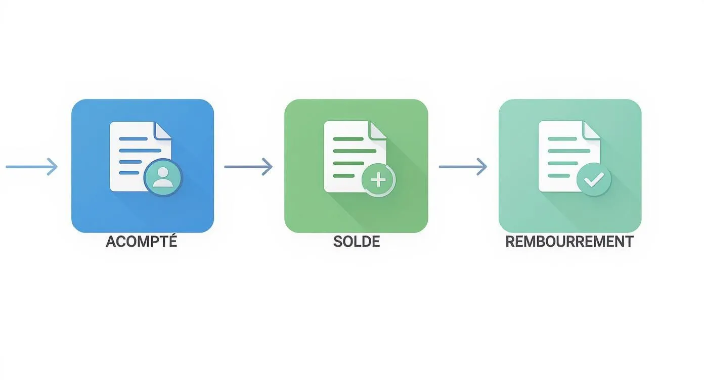 Three-step payment process: account creation, balance, and refund illustrated with document icons