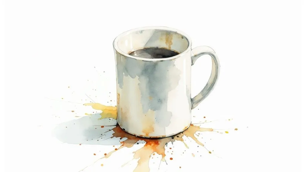 A watercolor of a white coffee cup with brown and gray coffee splashes on a white background.
