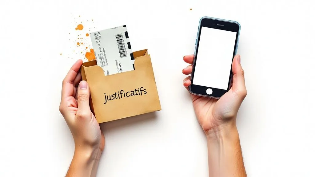 Hands holding a smartphone and a bundle of receipts with a till receipt for invoicing