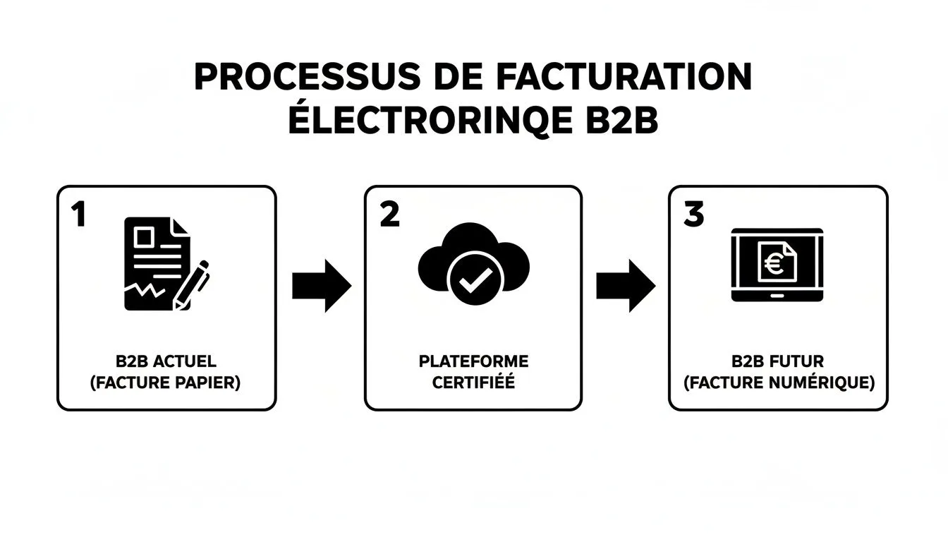 Diagram showing the B2B e-invoicing process: from paper invoice to digital invoice via a certified platform.
